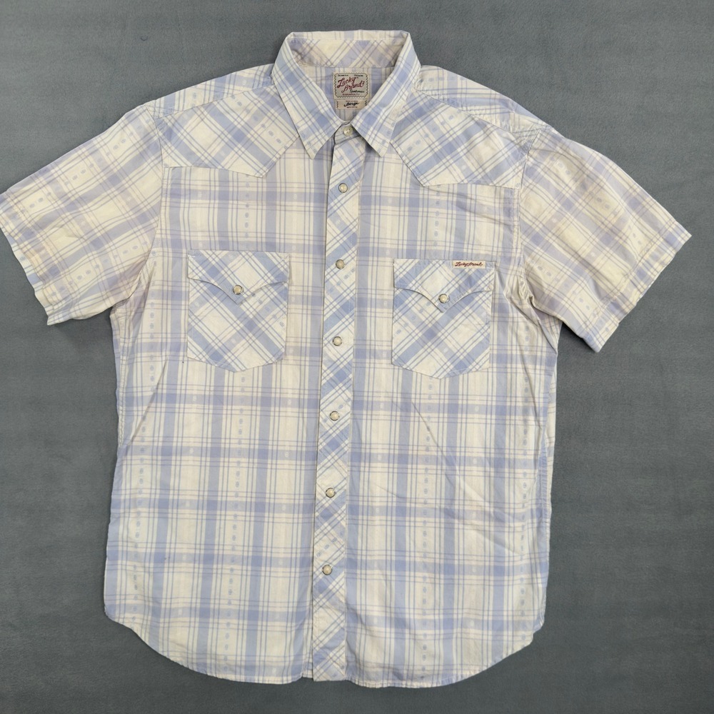 Lucky Brand Mens Blue White Plaid Short Sleeve Western Pearl Snap Shirt L